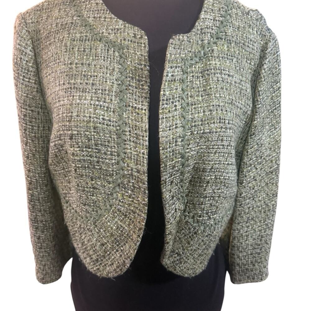 Y2K Per Se Green Tweed Cropped Jacket Size 14 Ladylike Open Front Blazer Office